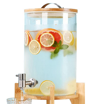 GlassDrink DispenserOnBambooWoodenStand-2gals