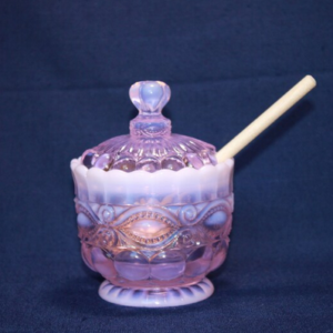 Mosser Glass Honey Pot Opalescent Pink w/wooden dipper