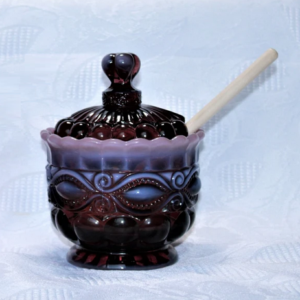 Mosser Glass Honey Pot Opalescent Plum w/wooden dipper