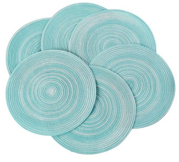 Tablelinen-PlacematsRound-CottonWoven-TealWhite15in